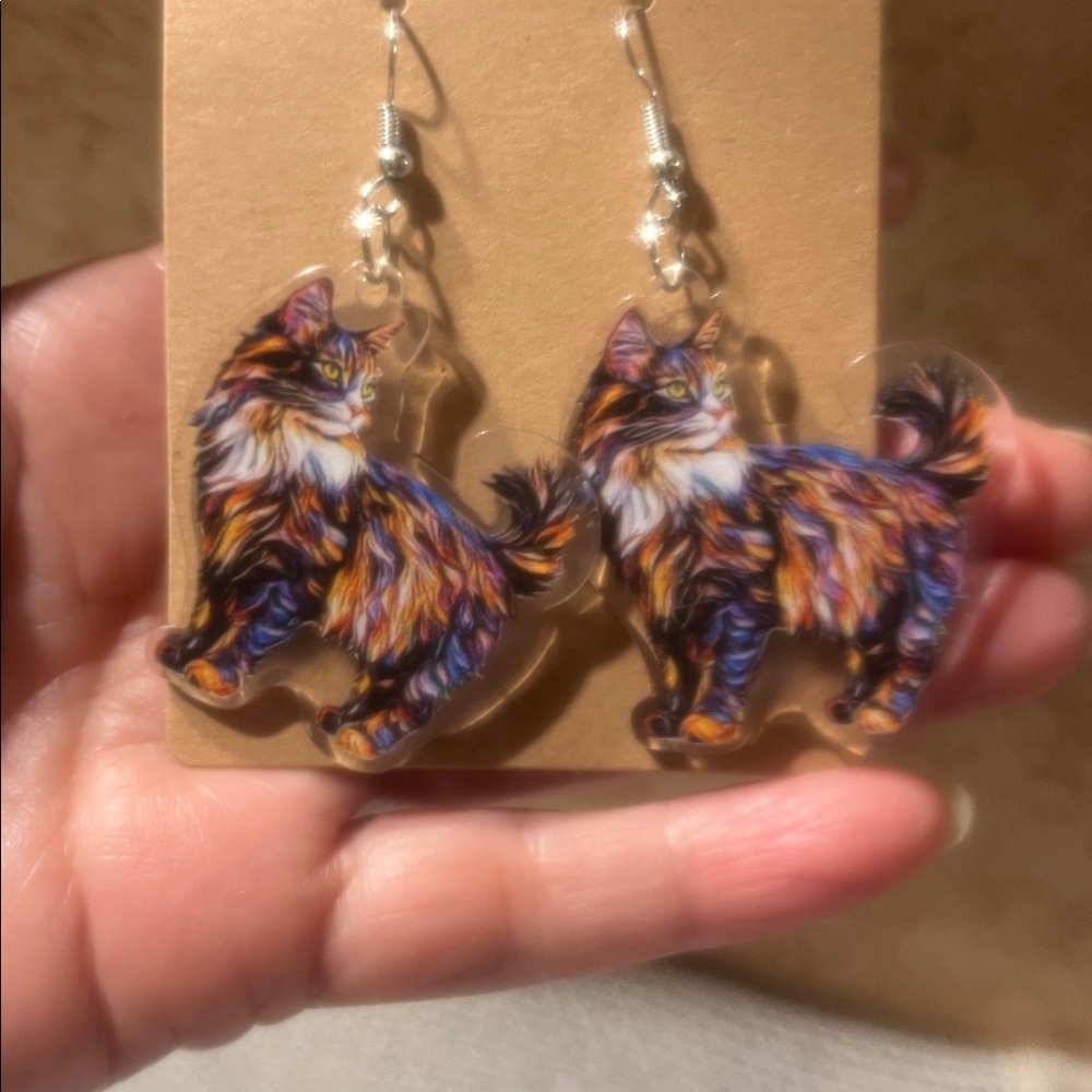 Colorful Long-Haired Cat Dangle Earrings